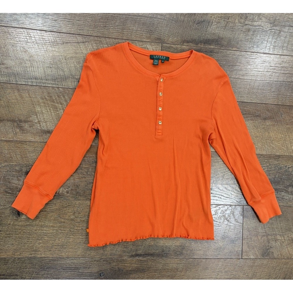 Vintage Y2k Ralph Lauren Long Sleeve Henley Top Baby Lettuce Hem Orange‎ Medium